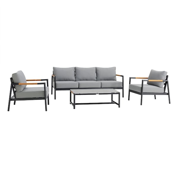 Armen Living Royal 4 Piece Black Aluminum and Teak Outdoor Seating Set with Dark Gray Cushions 840254332829 - main